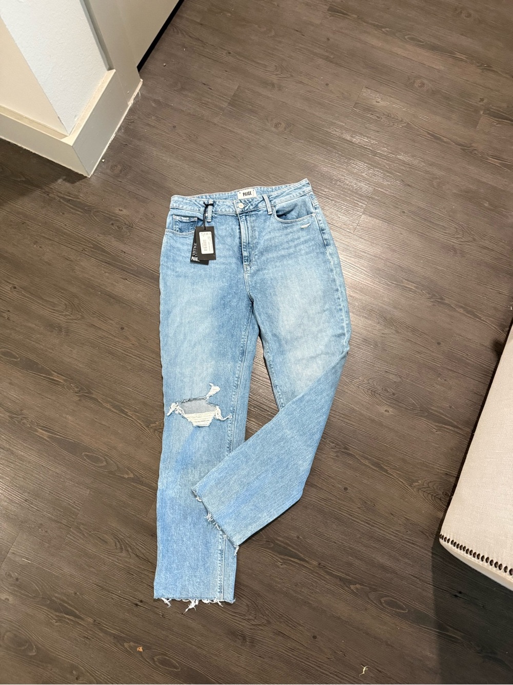 PAIGE Light Blue Straight Leg Distressed Jeans